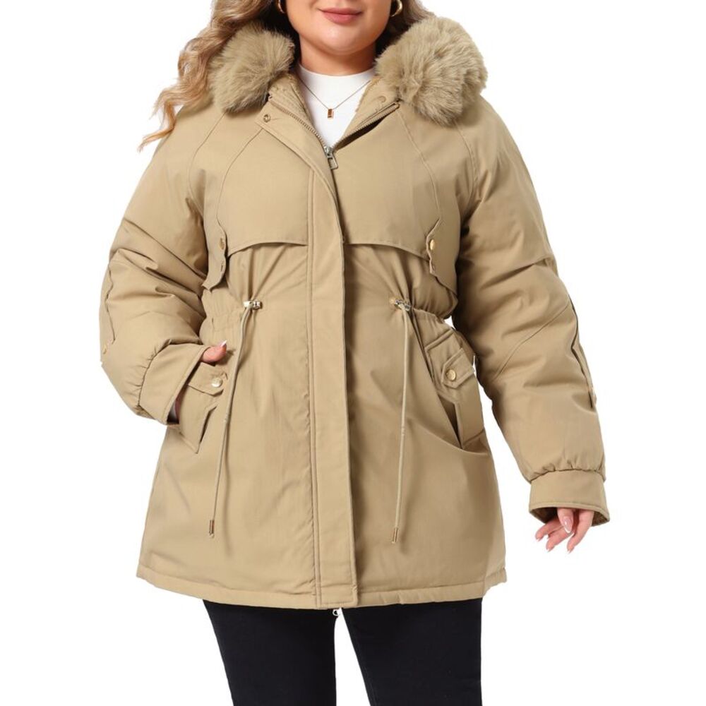 Women Plus Size Drawstring Waist Detachable Hood Trench Coat Khaki